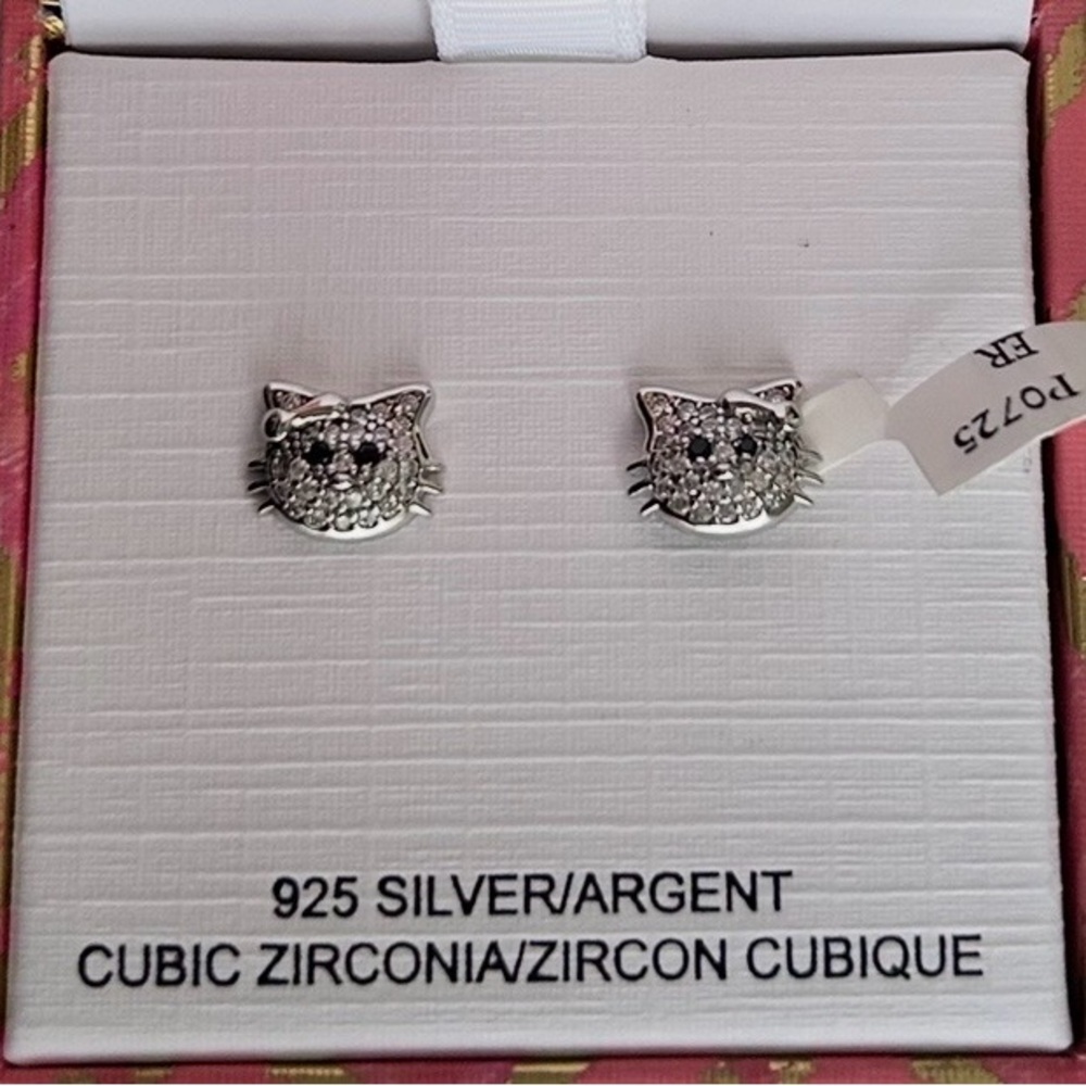 NWT RACHEL ZOE 925 Silver, Cubic Zirconia, Cat Stud Earrings - Picture 2 of 4